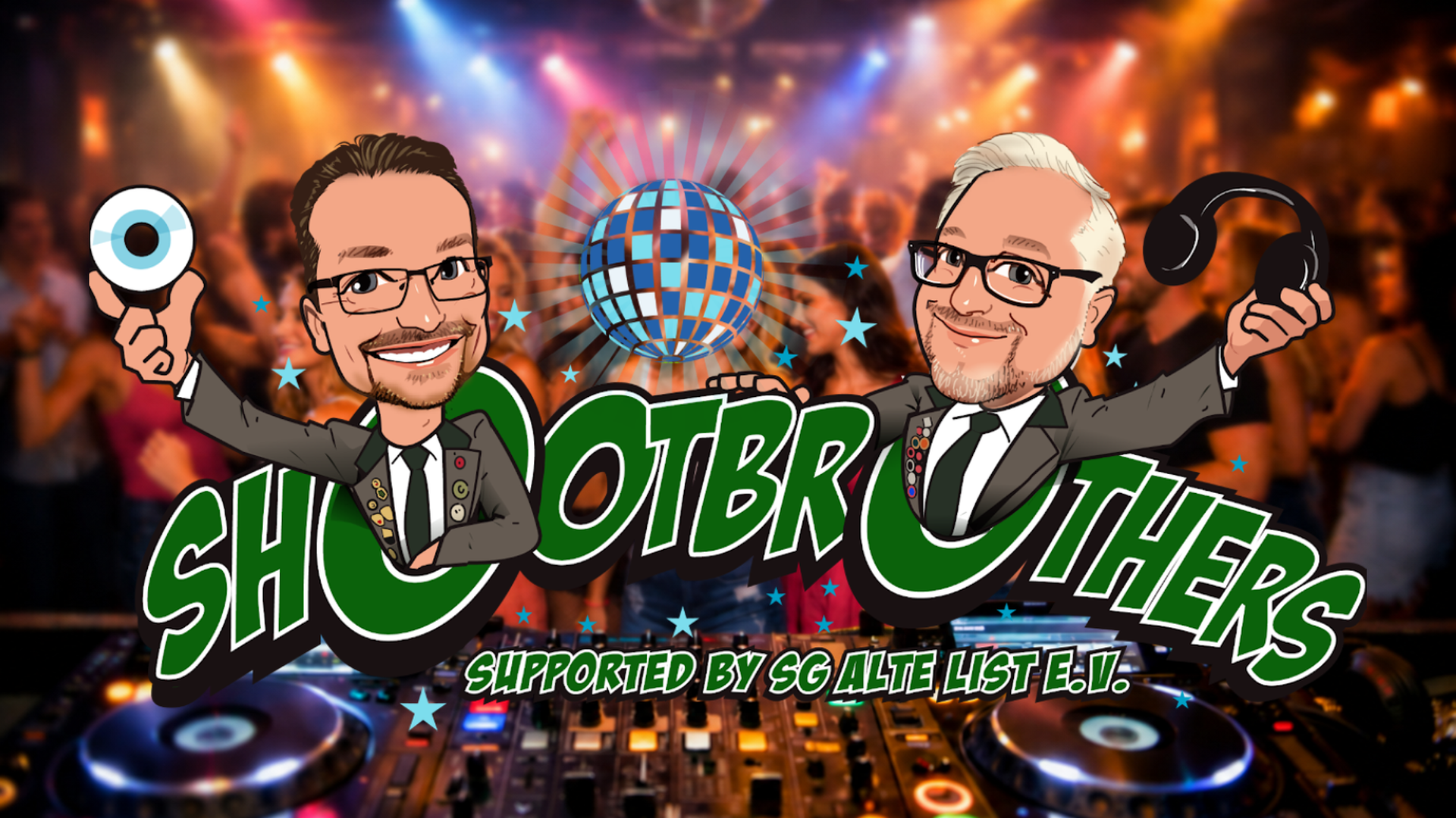 Shootbrothers DJ Hannover vor Clubszene mit DJ-Pult, Licht und tanzendem Publikum